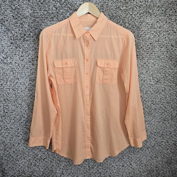 Chicos Top Womens 1 US Medium Orange Button Up Semi Sheer Roll Tab Sleeve Ladies - Picture 1 of 7
